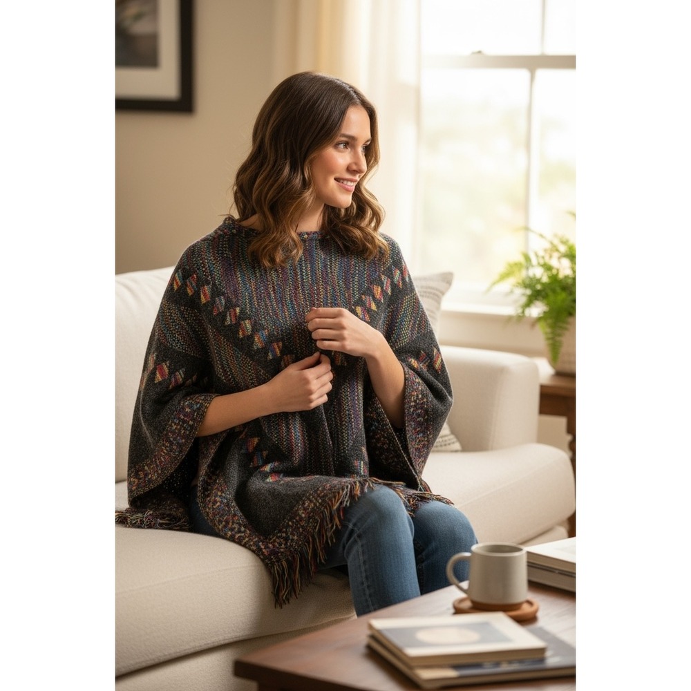 3/$20 Colorful Knit Fringe Poncho Cape Bohemian Festival Cover Up Women New - Picture 2 of 5